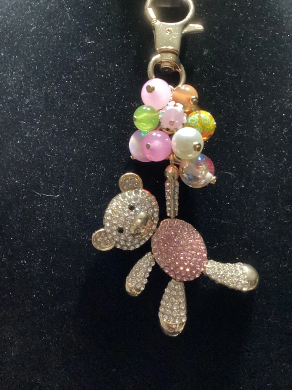 Rare Unique Gold Teddy Bag Charm with Pink and Multicolor Beads